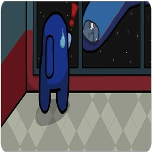 Alfombrilla personaje azul en el pasillo mirando la nave Among Us