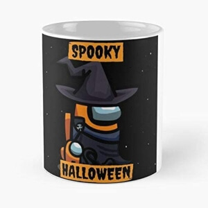 Taza personaje naranja con sombrero de bruja y mini personaje naranja spooky halloween Among Us